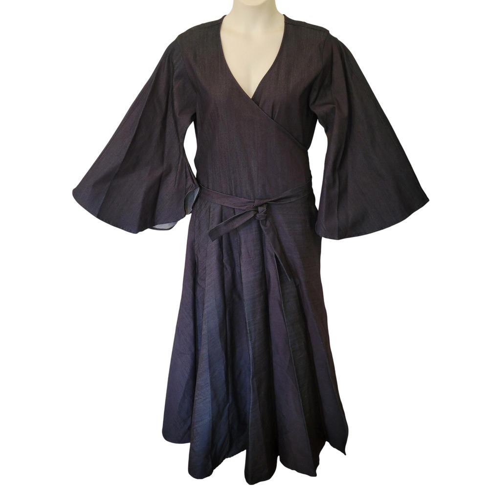Karen-T Design Denim Wrap Maxi Dress Indigo Blue Bell Sleeve Plus USA Whimsigoth